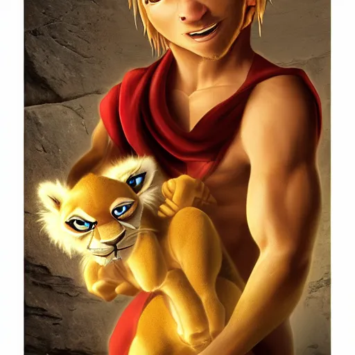 Image similar to eccio auditore holding baby simba as in the lion king