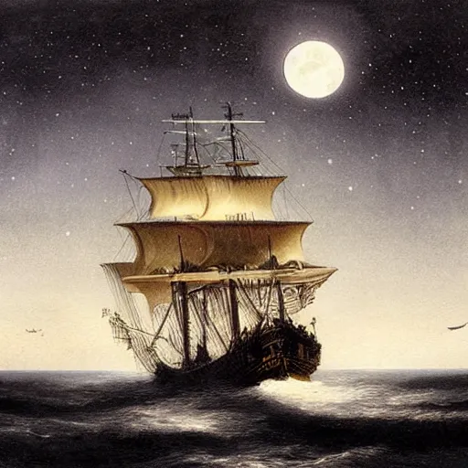 Image similar to moonlit ocean, stars in sky, pirate ship flying in the sky by peter balke