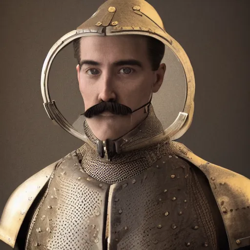 Prompt: realistic still of a man with a moustache wearing medieval armor. Highly detailed portrait