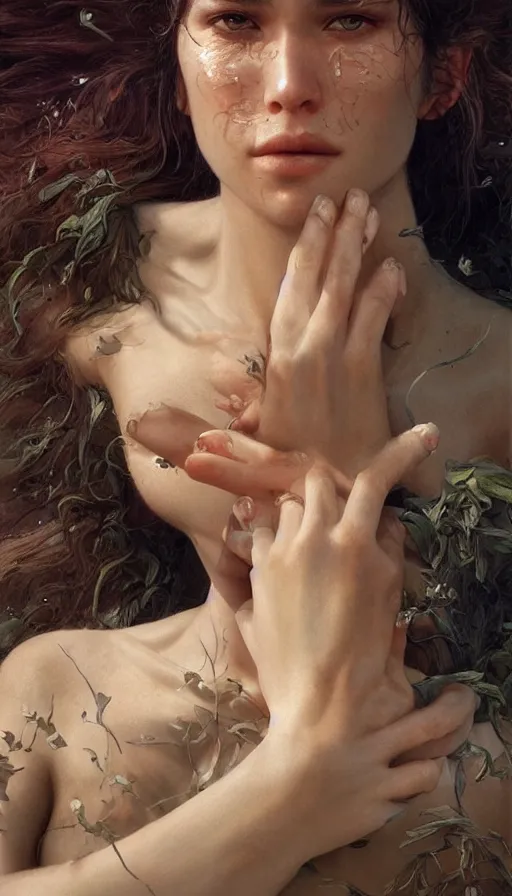 Image similar to epic masterpiece mila jovovic, sweaty skin, hyperrealistic, octane render, cinematic, beautiful face and flawless skin, perfect hands, 5 fingers, by Edgar Maxence and Ross Tran and Michael Whelan, Legends of Runeterra