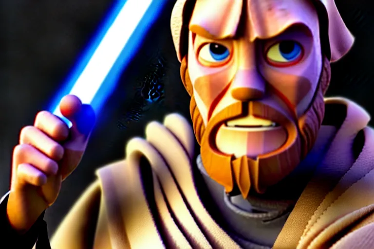 Prompt: obi wan kenobi, screenshot in a typical pixar movie, disney infinity 3 star wars style, volumetric lighting, subsurface scattering, photorealistic, octane render, josh black