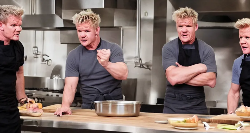 Image similar to photo of angry furious Gordon Ramsay fighting Gordon Ramsay at the kitchen