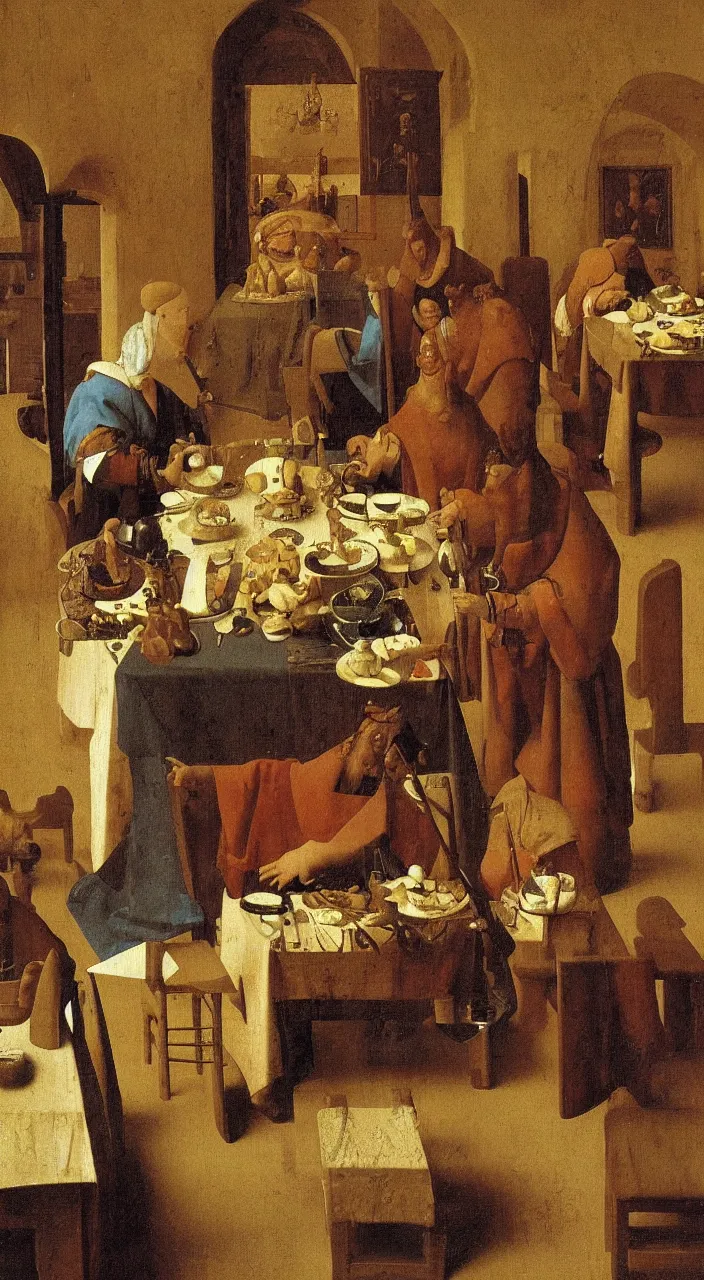 Image similar to Noble lunch. They dined in a large, richly furnished room. There were a lot of food on the table. Medieval painting by Jan van Eyck, Johannes Vermeer, Florence,