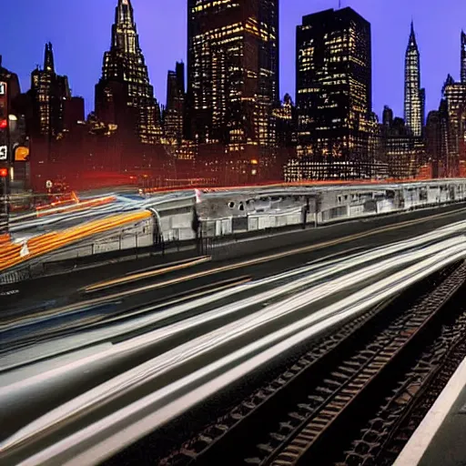 Prompt: Busy new york city street full of cars at night ,futuristic industrial train on bridge over street, still photo