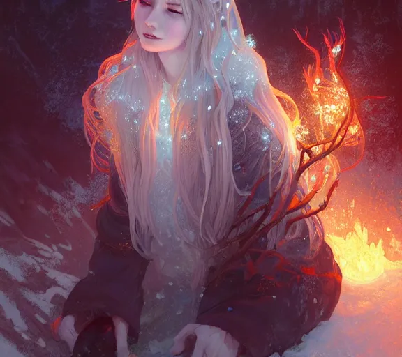 Image similar to beautiful ancient frost witch, fire in eye, snow glow, pool party, highly detailed, digital painting, artstation, sharp focus, illustration, art by tan zi and ayanamikodon and alphonse mucha and wlop