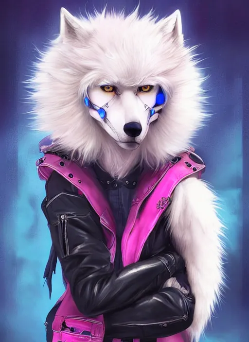 Prompt: award winning beautiful portrait commission of a male furry anthro albino wolf fursona with a tail and a cute beautiful attractive detailed furry face wearing stylish black, pink and blue cyberpunk biker clothes in a cyberpunk city at night while it rains. Character design by charlie bowater, ross tran, artgerm, and makoto shinkai, detailed, inked, western comic book art