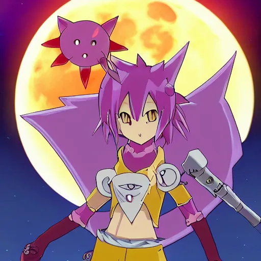 Prompt: sakuyamon from Digimon Tamers in front of the moon by a beautiful lake, sakura petals around her, night time, anime, key art, promo art, Digimon