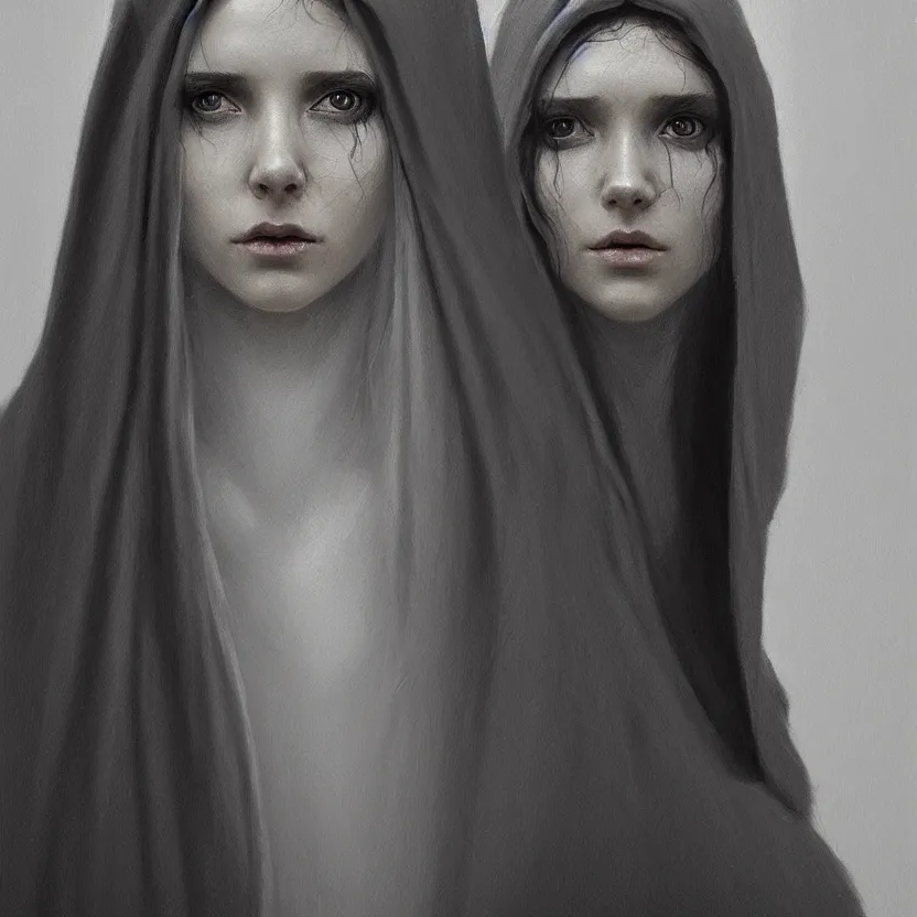 Image similar to Portrait of a young woman wearing a hooded robe, anatomically correct, perfect face, cinematic lighting, candid, intricate, elegant, highly detailed digital painting, trending on Artstation, concept art, smooth, sharp focus, illustration and art by Beksinski, by Simon Stalenhag