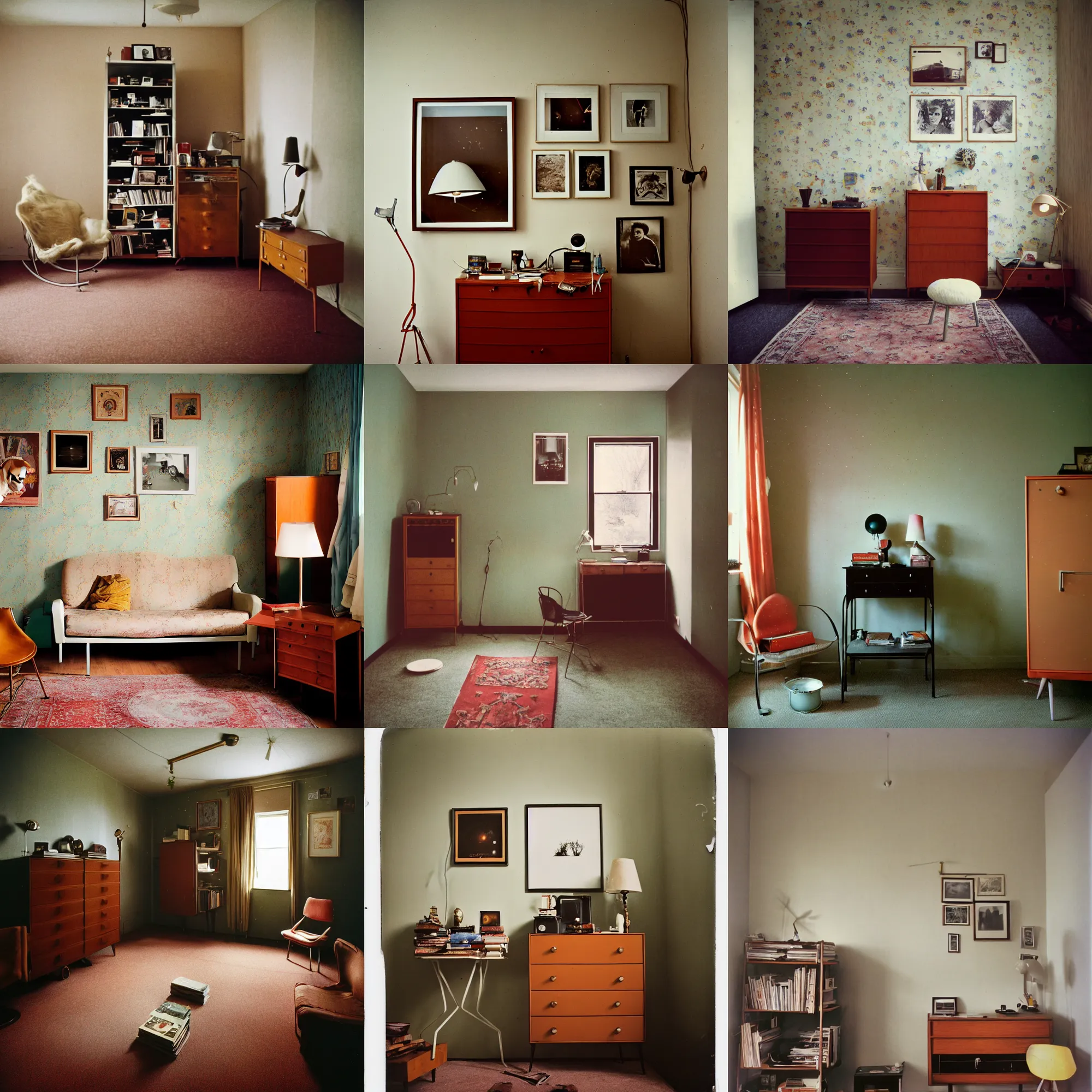 Image similar to kodak portra 4 0 0, wetplate, 8 mm extreme fisheye, award - winning portrait by britt marling of a 1 9 6 0 s room, picture frames, shining lamps, dust, 1 9 6 0 s metal bauhaus furniture, wallpaper, carpet, books, muted colours,