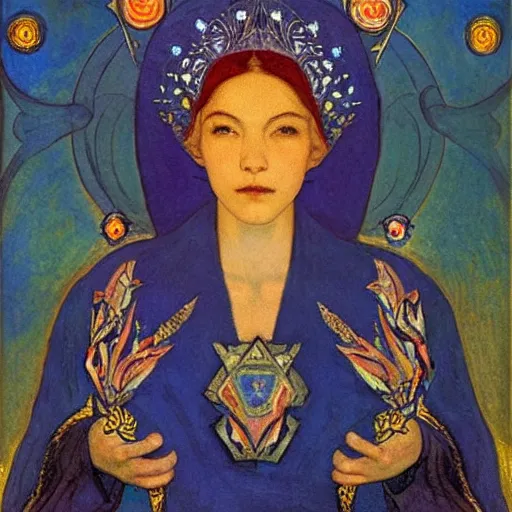 Image similar to the night crown, by Annie Swynnerton and Nicholas Roerich , embroidered robes, starry tattoos, elaborate costume, geometric ornament, symbolist, soft colors, dramatic lighting, smooth, sharp focus, extremely detailed