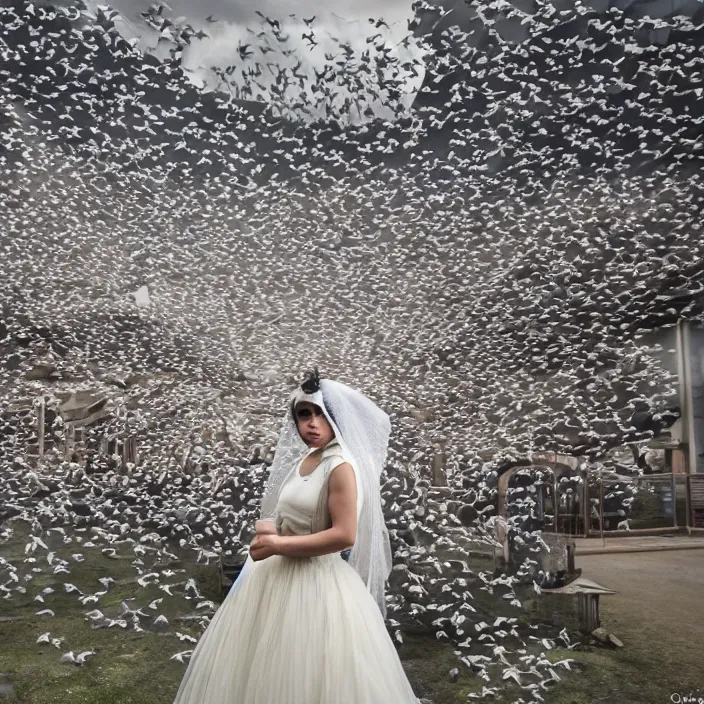 Prompt: a woman wearing a veil made of birds, in an abandoned theme park, by omar z. robles, canon eos c 3 0 0, ƒ 1. 8, 3 5 mm, 8 k, medium - format print
