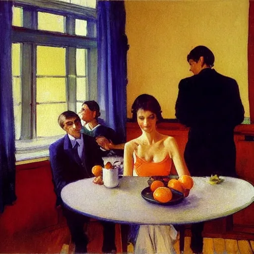 Prompt: oil painting of young leonard cohen in room with beautiful woman wearing second hand clothes, with bowl of oranges on table, and view through window of boat on river, by edward hopper, by norman rockwell, by eric fischl