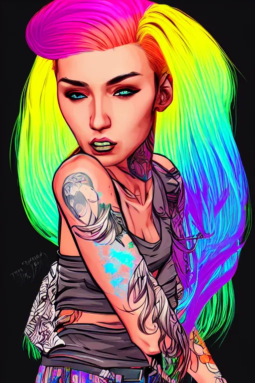 Image similar to a award winning half body portrait of a beautiful woman with stunning eyes in a printed croptop and cargo pants with rainbow colored ombre hairstyle head in motion and hair flying by josan gonzales, outrun, vaporware, shaded flat illustration, digital art, trending on artstation, highly detailed, fine detail, intricate