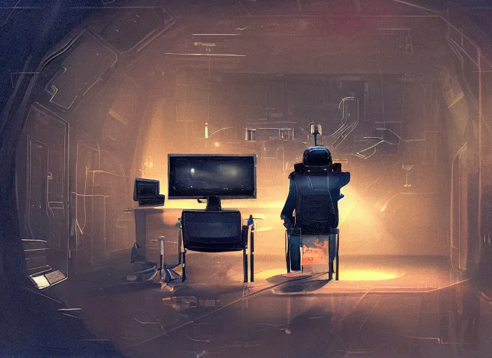 Image similar to a man sitting on a chair with things attached to his head, screens and monitors in front of him playing videos, ship interior, narrow hallway, scifi, dramatic lighting, dark, spotlight, concept art, surreal, by rutkowski