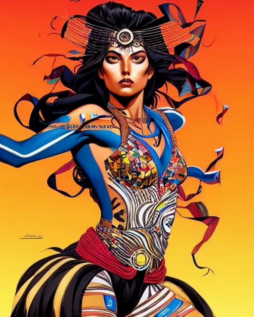 Image similar to artgerm, joshua middleton and sandra chevrier comic cover art, pretty full body danza azteca dancer, symmetrical eyes, scales, beautiful, rim lighting, vivid colors