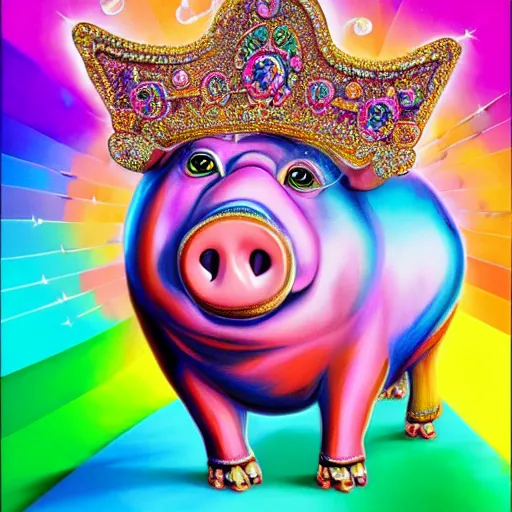 Prompt: lisa frank dancing pig wearing a gold crown painting by android jones