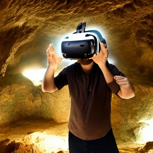 Image similar to a caveman with a vr virtual reality headset in a cave