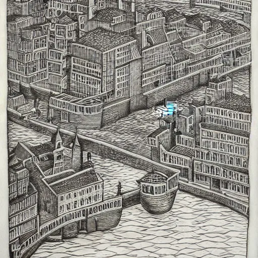 Prompt: a city by the river, drawing by m. c. escher