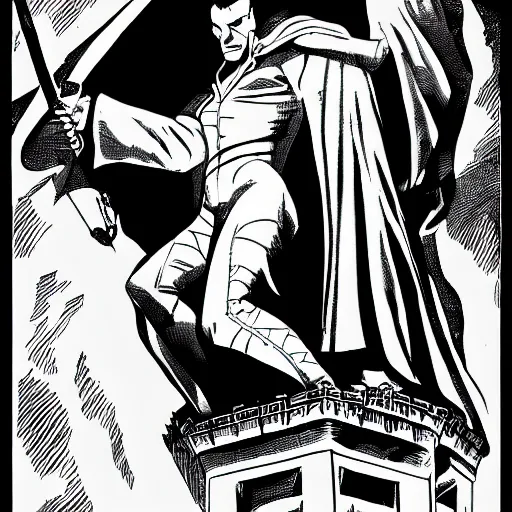 Prompt: dracula on the highest spire of his castle, comic book style, half - tone