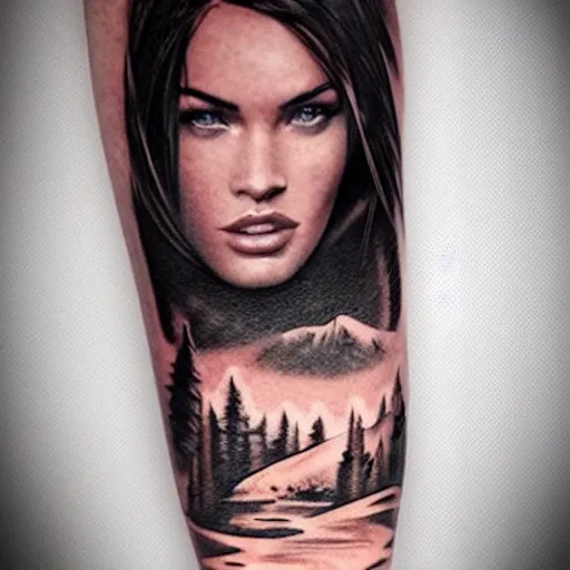 Prompt: double exposure tattoo of megan fox with beautiful mountain scenery, hyper - realistic, in the style of den yakovelev, amazing detail, sharp
