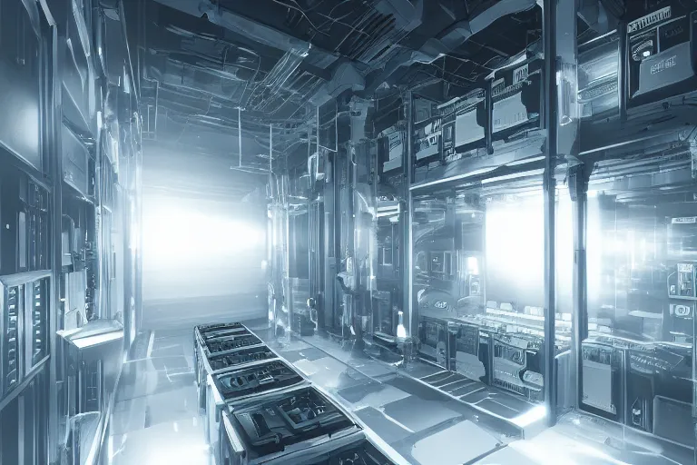 Image similar to parallax datacenter server room interior single mono colossus white rusty android guest robosaurus sitting artstation cinematic detailed concept art volumetric light sharp coherent cgsociety symmetric perfect well balanced shadows lotr servers