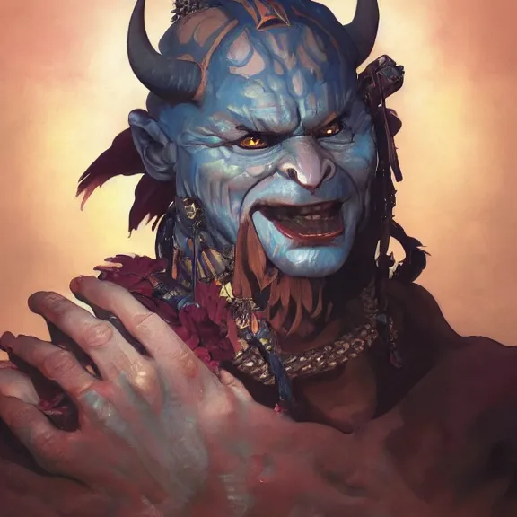 Prompt: portrait of an oni chieftan, painted portrait, 4k, trending on artstation, octane render, art by artgerm and greg rutkowski and alphonse mucha and craig mullins and James Jean and Andrei Riabovitchev and Marc Simonetti and peter mohrbacher