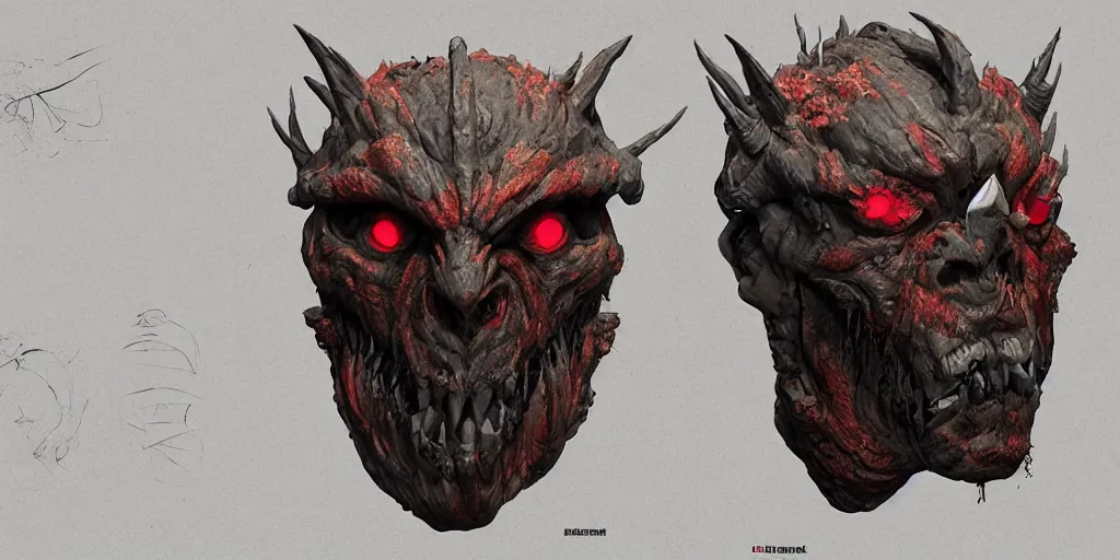 Image similar to veteran demon rock mask design, character sheet, 3d render, Greg Rutkowski, Zabrocki, Karlkka, Jayison Devadas, Phuoc Quan, trending on Artstation, 8K, ultra wide angle, zenith view, pincushion lens effect