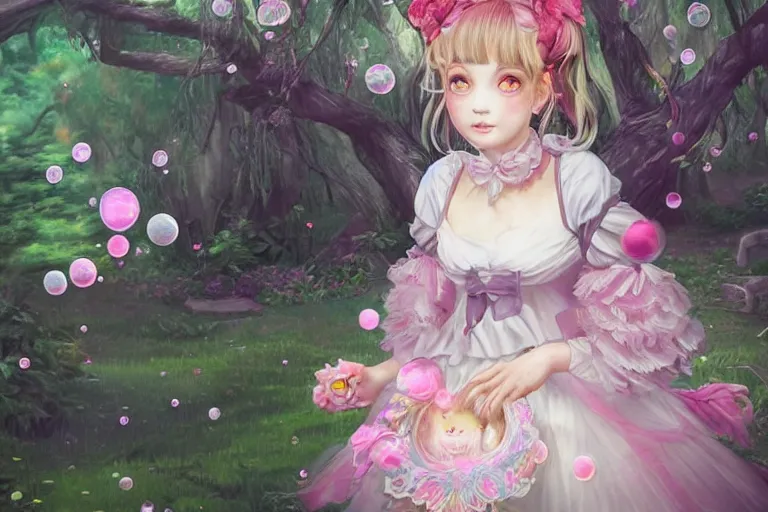 Image similar to creepy portrait of magical lolita girl in a Japanese garden, dreamy and ethereal, expressive pose, big pink eyes, peaceful expression, ornate frilly dress, fantasy, intricate, elegant, many rainbow bubbles, rose tones, dynamic lighting, highly detailed, 8k, digital painting, artstation, concept art, smooth, sharp focus, illustration, art by artgerm and greg rutkowski and alphonse mucha