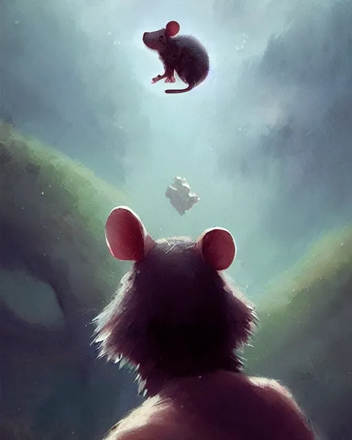 Image similar to viewed from behind, over the shoulder, a cute mouse looks upwards, viewed from behind, digital portrait by greg rutkowski, fantasy art, concept art, by disney concept artists, cinematic lighting, evening light, trending on artstation, cgsociety