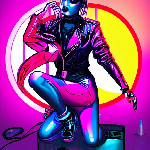 Prompt: synthwave cyberpunk girl detailed cybernetic face teardrops wearing latex biker catsuit holding a sitting on a stack of speakers in the back of a blue 1967 chevy camero, pink blue and red in a neon city in the style of a comic book sunset city