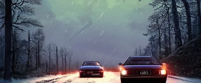 Image similar to Audi A4 B6 Avant (2002), a gritty neo-noir, dramatic bright lighting, cinematic, establishing shot, extremely high detail, photorealistic, cinematic lighting, artstation, by simon stalenhag, Snowy italian road, Snowy Apennines, At night, Poets of the Fall - Late Goodbye