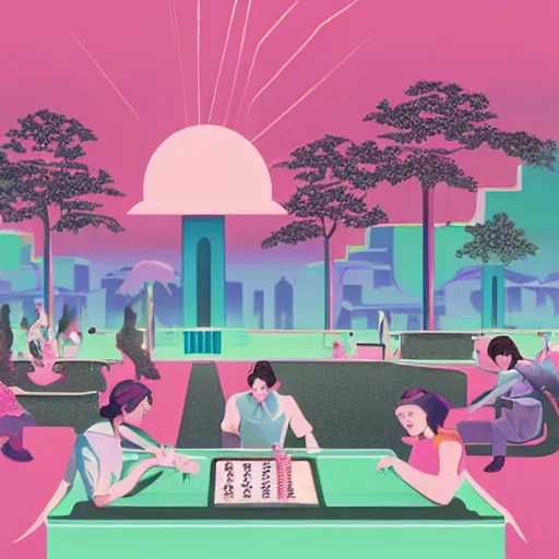 Image similar to art deco vaporwave illustration of a park with trees, benches, and a couple people playing mahjong, with a futuristic pink pastel city in the background