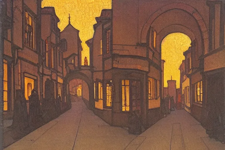 Image similar to winding street at twilight in a very old very beautiful city by George Price Boyce and Nicholas Roerich and jean delville, glowing paper lanterns, strong dramatic cinematic lighting , ornate tiled architecture, lost civilizations, smooth, sharp focus, extremely detailed