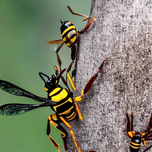 Prompt: giant wasps that are attacking crabs, hellish landscape, thunderstorm