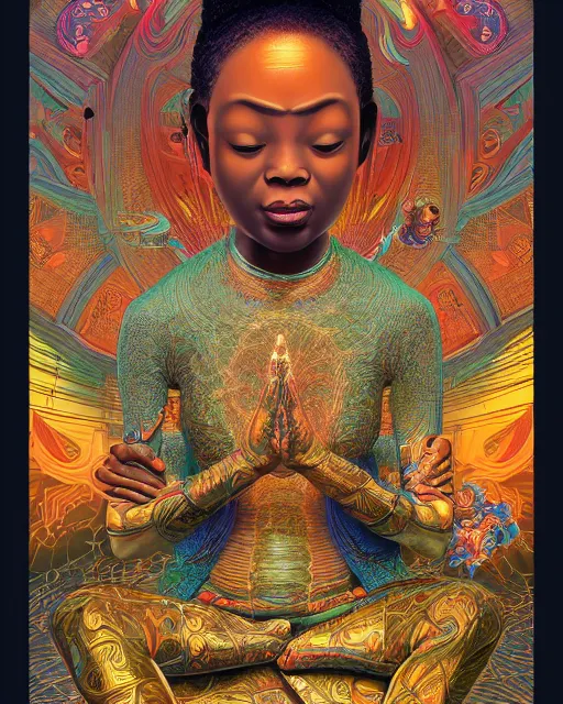 Prompt: contented african american bodhisattva, praying meditating, highly detailed vfx portrait, intricate detailed environment, global illumination, by james jean and moebius and artgerm and liam brazier and victo ngai and tristan eaton, digital illustration, concept art, 8 k, hdr