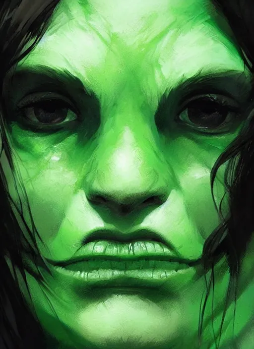 Prompt: green orc female, light green tone beautiful face, by artgerm, by greg rutkowski, by jeremy mann, digital painting