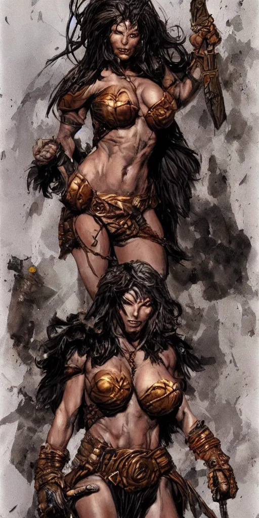 Image similar to Simon Bisley female warrior, artstation