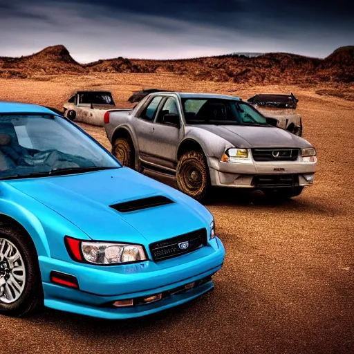 Image similar to velociraptor mongoliensis in the style of subaru impreza as velociraptor, mad max, hdr 8 k