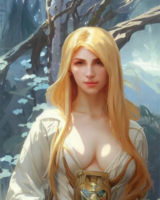 Image similar to '' Portrait of Beautiful blonde Slavic woman in her early 30’s, league of legends, LOL, fantasy, d&d, digital painting, artstation, concept art, sharp focus, illustration, art by greg rutkowski and alphonse mucha ''