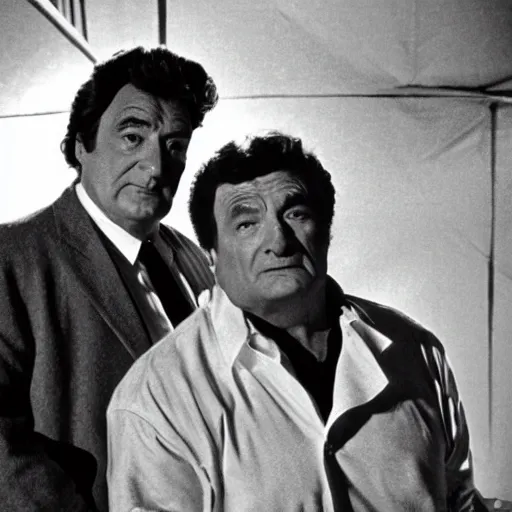 Prompt: columbo and the michelin man are standing in a boxing ring, realistic, photography, bokeh effect