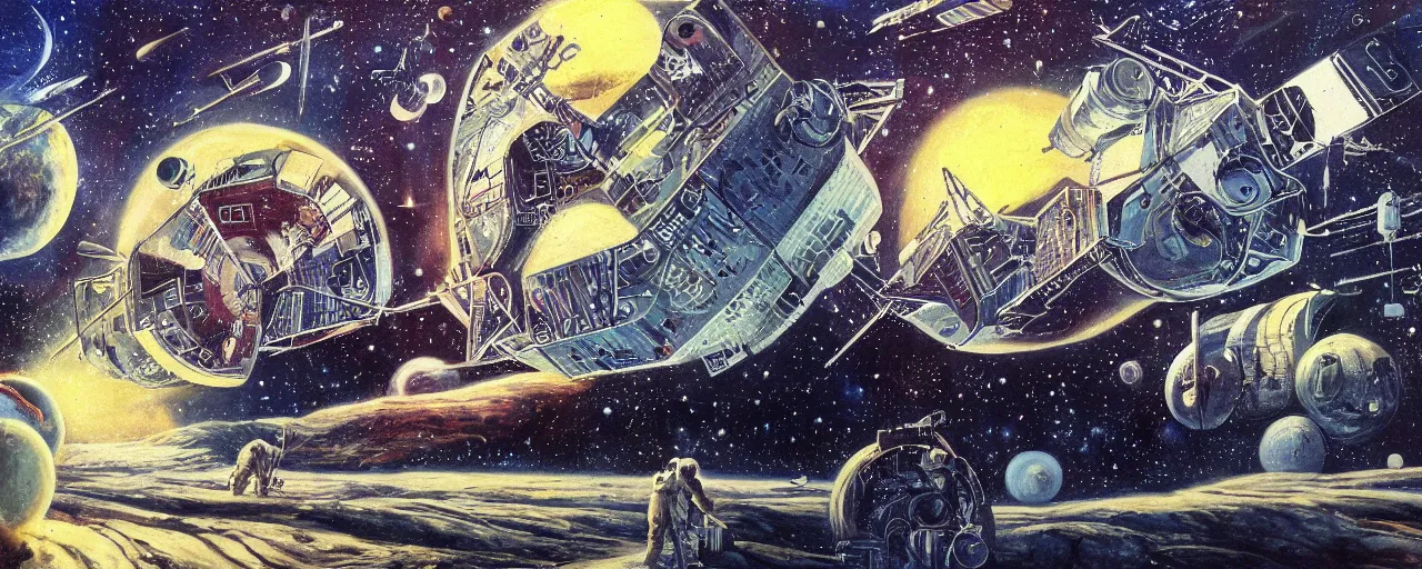 Image similar to rough texture, tempera, a beautiful future for space program, astronauts and space colonies, utopian, by david a. hardy, wpa, public works mural, socialist