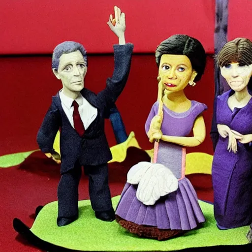 Image similar to still from a 1 9 9 2 live - action stop - motion puppetry tv show by tim burton starring joe biden, kamala harris, and indian elizabeth warren in dioramas. everything is made of plasticine, fabric, and other physical materials. photographic ; realistic ; highly - detailed.