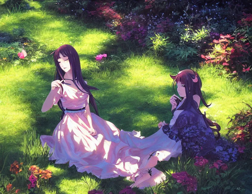 Image similar to unbecoming unattractive princess in the garden. oil painting by award - winning mangaka. backlighting, chiaroscuro, depth of field, luminescent colors.