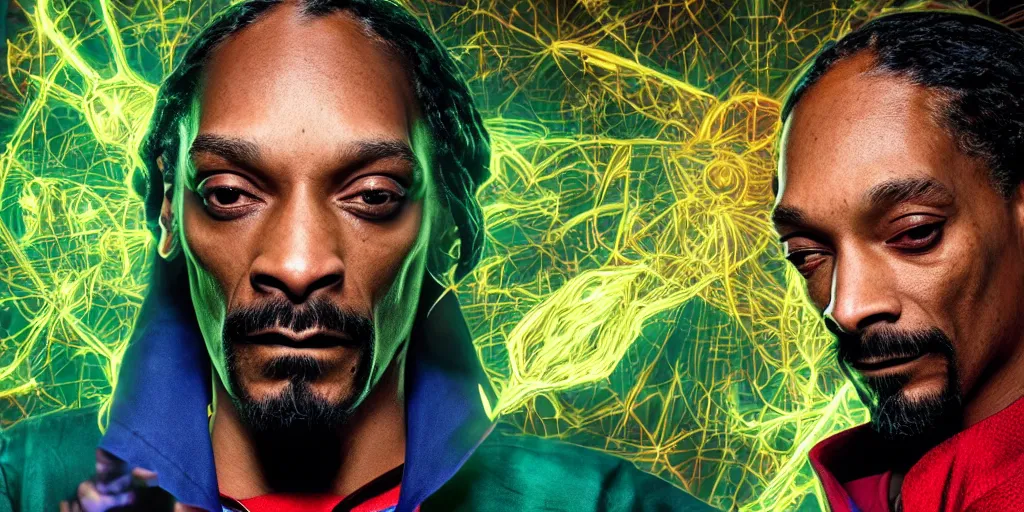 Image similar to snoop dogg as doctor strange, multiple dimensions, green light, marijuana leaves, marijuana, highly detailed, environmental light, cinematic by francis tneh, green magic, 8 k