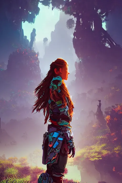 Image similar to combination suit armor aloy horizon forbidden west horizon zero dawn radiating a glowing aura global illumination ray tracing hdr fanart arstation by ian pesty and alena aenami artworks in 4 k tribal robot ninja mask helmet backpack