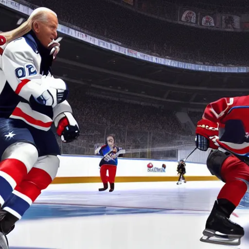 Prompt: joe biden in nhl 2 2, gameplay footage