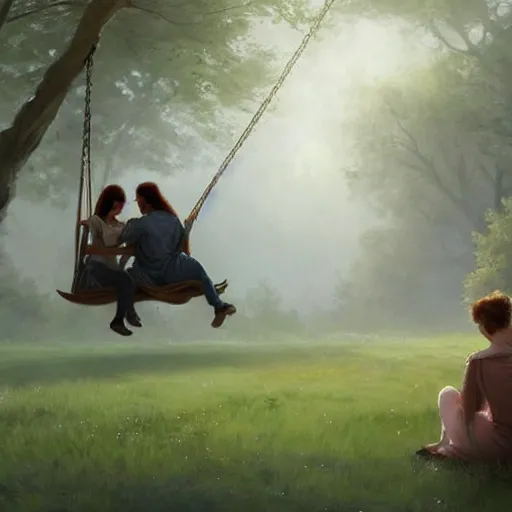 Prompt: a couple sitting on a swing together, blurred backround, back profile, beautiful, digital painting, artstation, concept art, soft light, hdri, smooth, sharp focus, illustration, fantasy, intricate, elegant, highly detailed, D&D, matte painting, in the style of Greg Rutkowski and Alphonse Mucha and artemisia, 8k, highly detailed, jurgens, rutkowski, bouguereau, pastoral, rustic, georgic