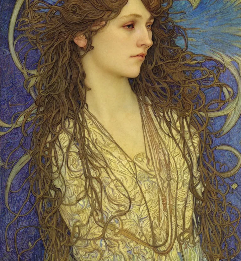 Image similar to detailed realistic beautiful young medieval queen face portrait by jean delville, alphonse mucha, vincent van gogh, and marco mazzoni, art nouveau, symbolist, visionary, gothic, pre - raphaelite