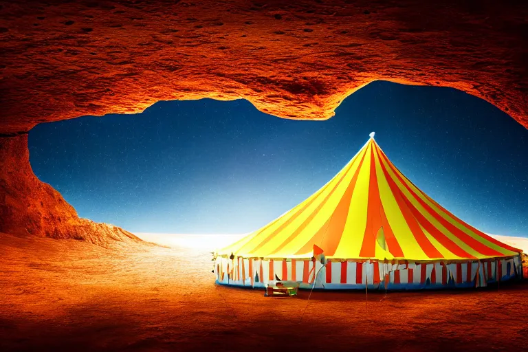 Prompt: circus tent on the surface of the moon, circus, magical, warm light, photo realistic