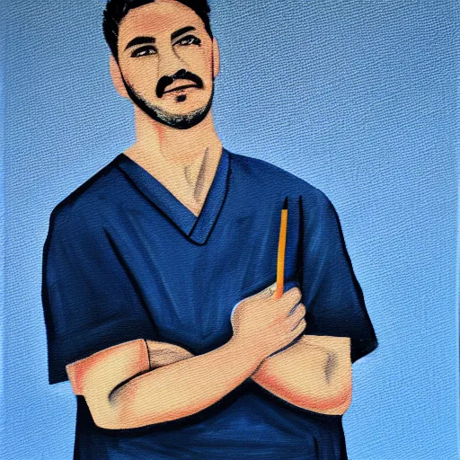 Image similar to lonely male nurse in dark blue scrubs, painting, dark colors, contrast, dark background